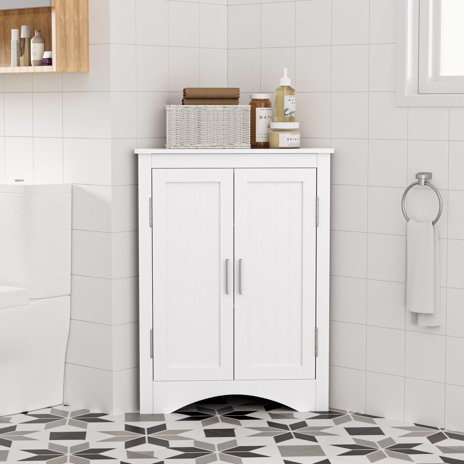 Bathroom Corner Cabinet, Home Floor Storage Cabinet with Two Doors & Adjustable Shelves, Freestanding for Bathroom, Bedroom, Kitchen