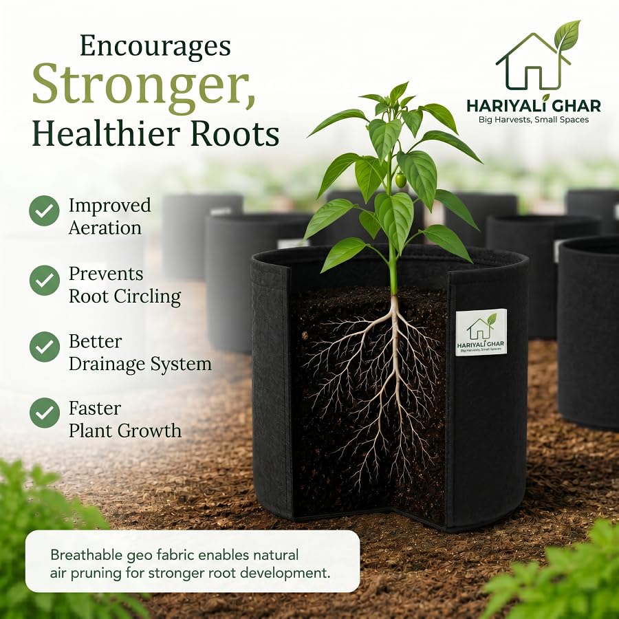 Image of 400 GSM Geo Fabric Round Grow Bags 6x6 Inch, Black Planting Bags for Terrace and Kitchen Gardening Pack of 20