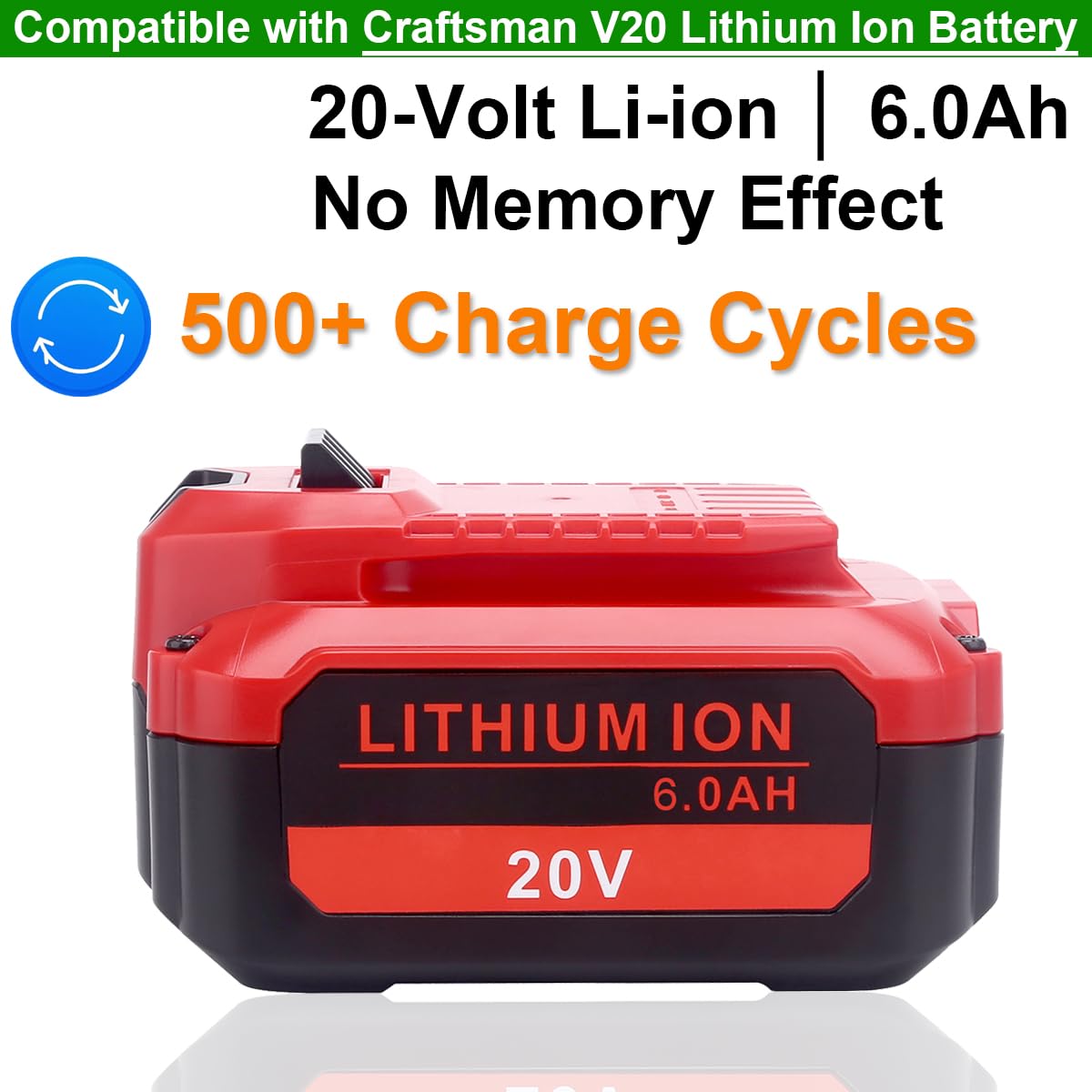 Batteria di ricambio aggiornata al litio da 6,0 Ah 20 V, compatibile con utensili da esterno senza fili Craftsman serie V20, compatibile con batterie Craftsman CMCB206, CMCB204, CMCB202 da 20 Volt MAX