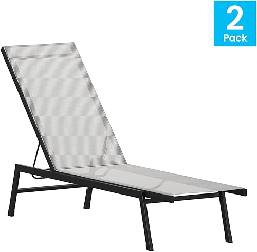 Miniatura 4 de Flash Furniture Brazos - Juego de 2 tumbonas ajustables, reclinables de cinco posiciones para exteriores, para todo tipo de clima, negrogris