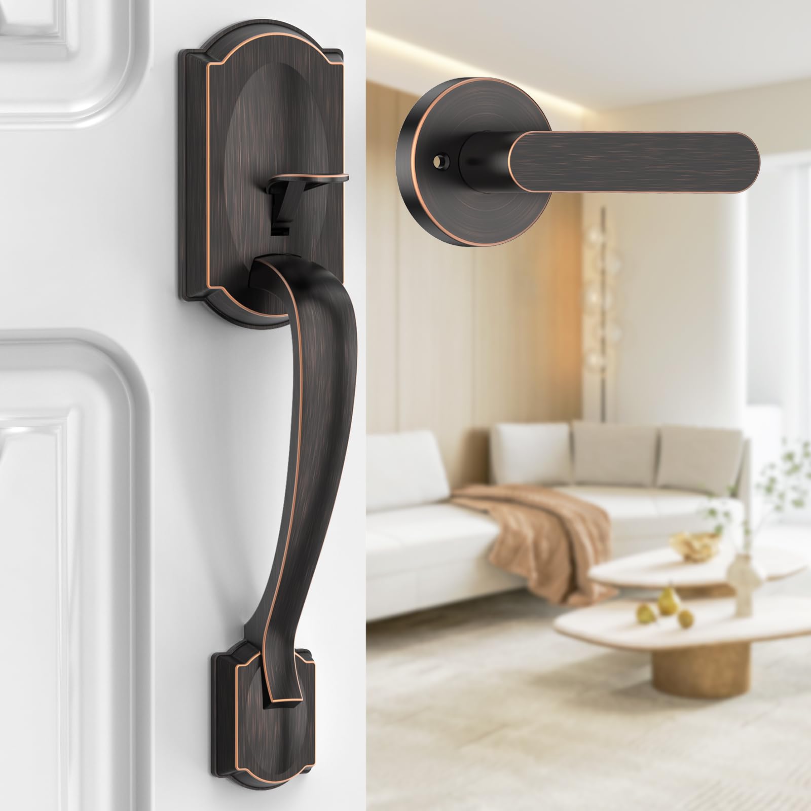 Front Door Handle, Exterior Door Handle with Passage Lever, Vintage Front Entry Door Handle No Lock, Reversible for Left &amp; Right Handed Doors, Lower Half Grip, Oil Rubbed Bronze