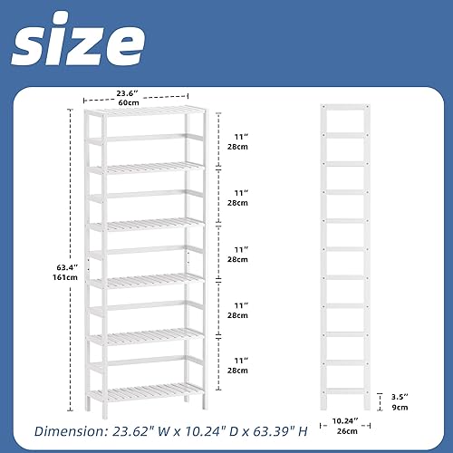 Miniatura 3 de HITNET Bookshelf, 6-Tier Tall Bookcase Freestanding Bamboo Book Shelf Bathroom Storage Organizer with Adjustable Shelves, White
