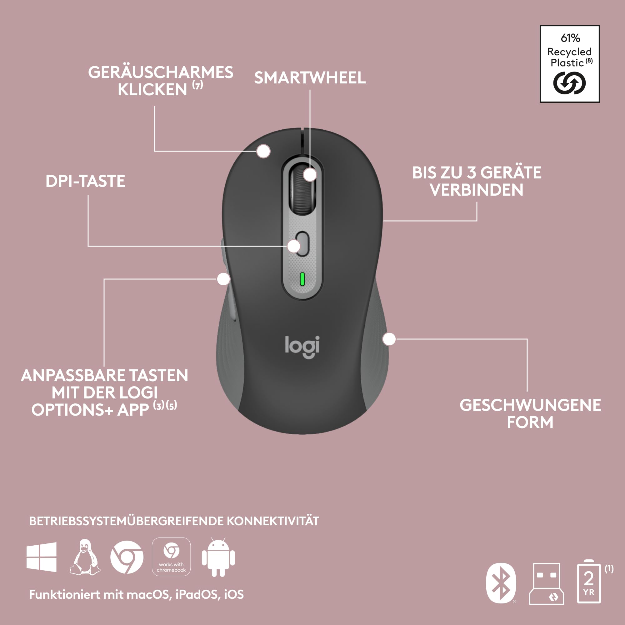 Logitech MK950 Signature Slim kabelloses Tastatur-Maus-Set, schlankes Design, leise tippen, Wechsel zwischen DREI Geräten, Bluetooth, mehrere Betriebssysteme, Windows, Mac, DEU QWERTZ-Layout, Graphit