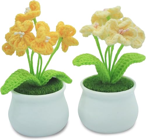 Majurphy Macetas pequeñas hechas a mano de ganchillo, flores falsas de simulación, adornos pequeños para decoración de escritorio de oficina en