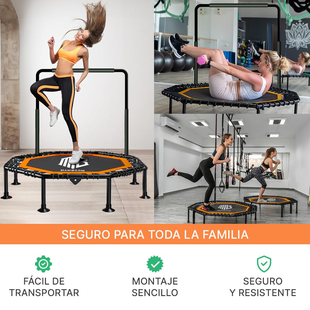 ManiBoom Trampolin Fitness Adultos Ø105cm con 2 Cintas de Resistencia y Agarre Regulable 150kg de Carga - Cama Elastica Jumping Plegable para Interior y Exterior FACIL Montaje