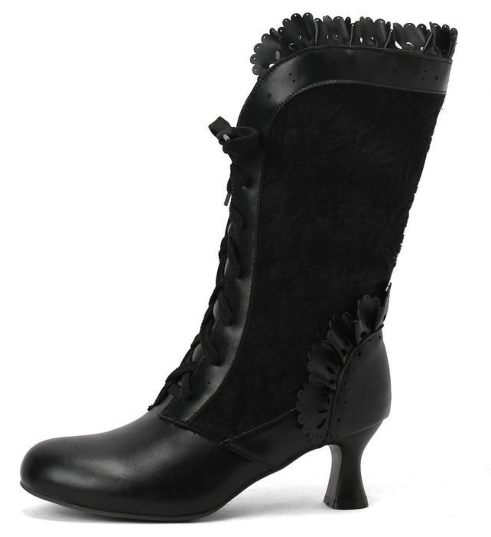 Victorian Boots for Women Vintage Lace Up Mid Calf Boots Low Kitten Heel Cute Bow Boots for Ladies