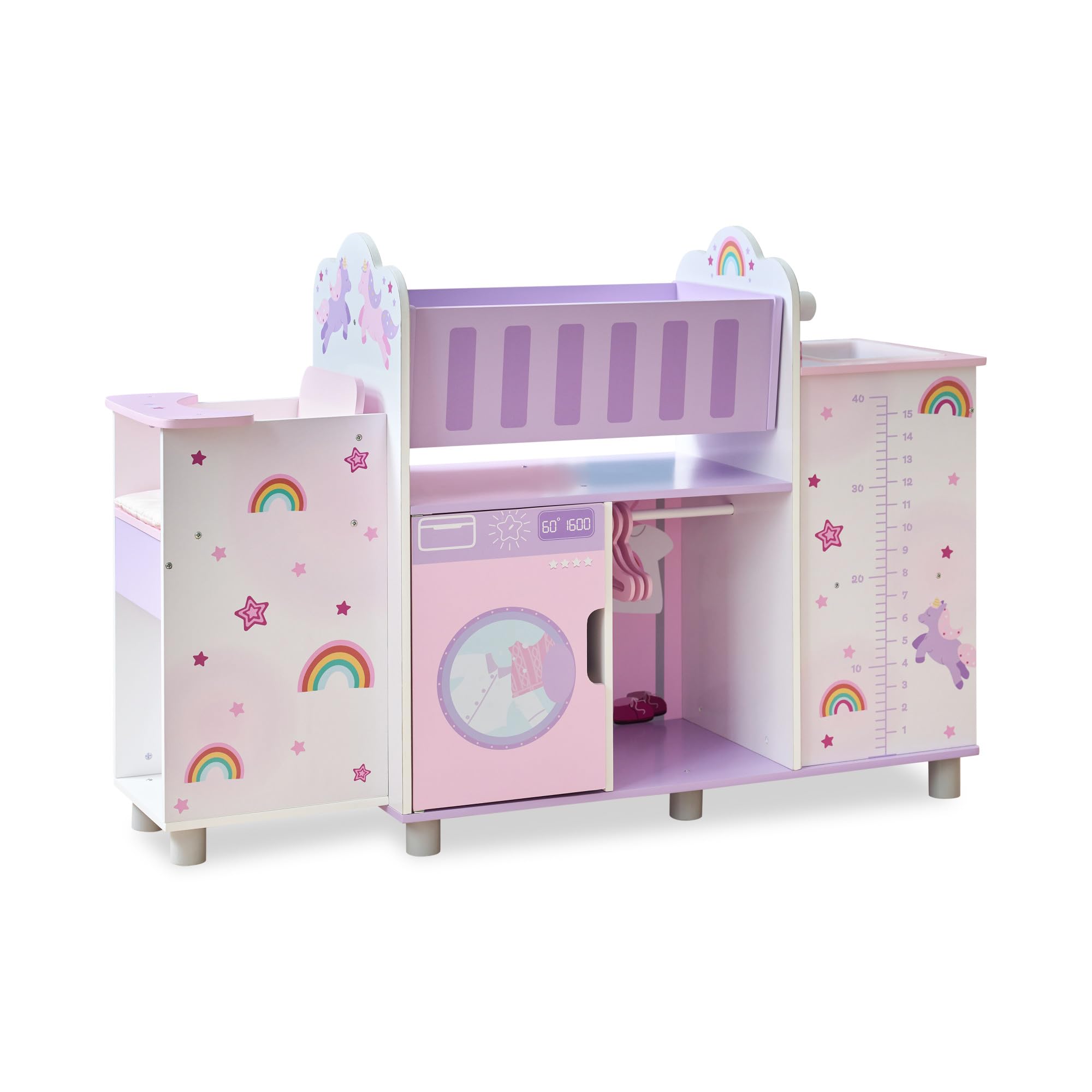Olivia's Little World Nursery 6 w 1 drewniana lalka z łóżeczkiem, zlewem, wysokim krzesłem, szafką, pralką i wbudowanym przechowywaniem