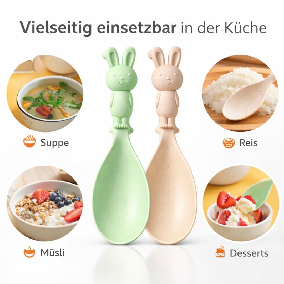 Hasen Reislöffel Set 2er – Niedliche Küchenlöffel aus Kunststoff – Standlöffel mit Ablagefuß – Löffel für Reis, Pfanne & Topf – Creme & Pastellgrün – BOAA Fresh