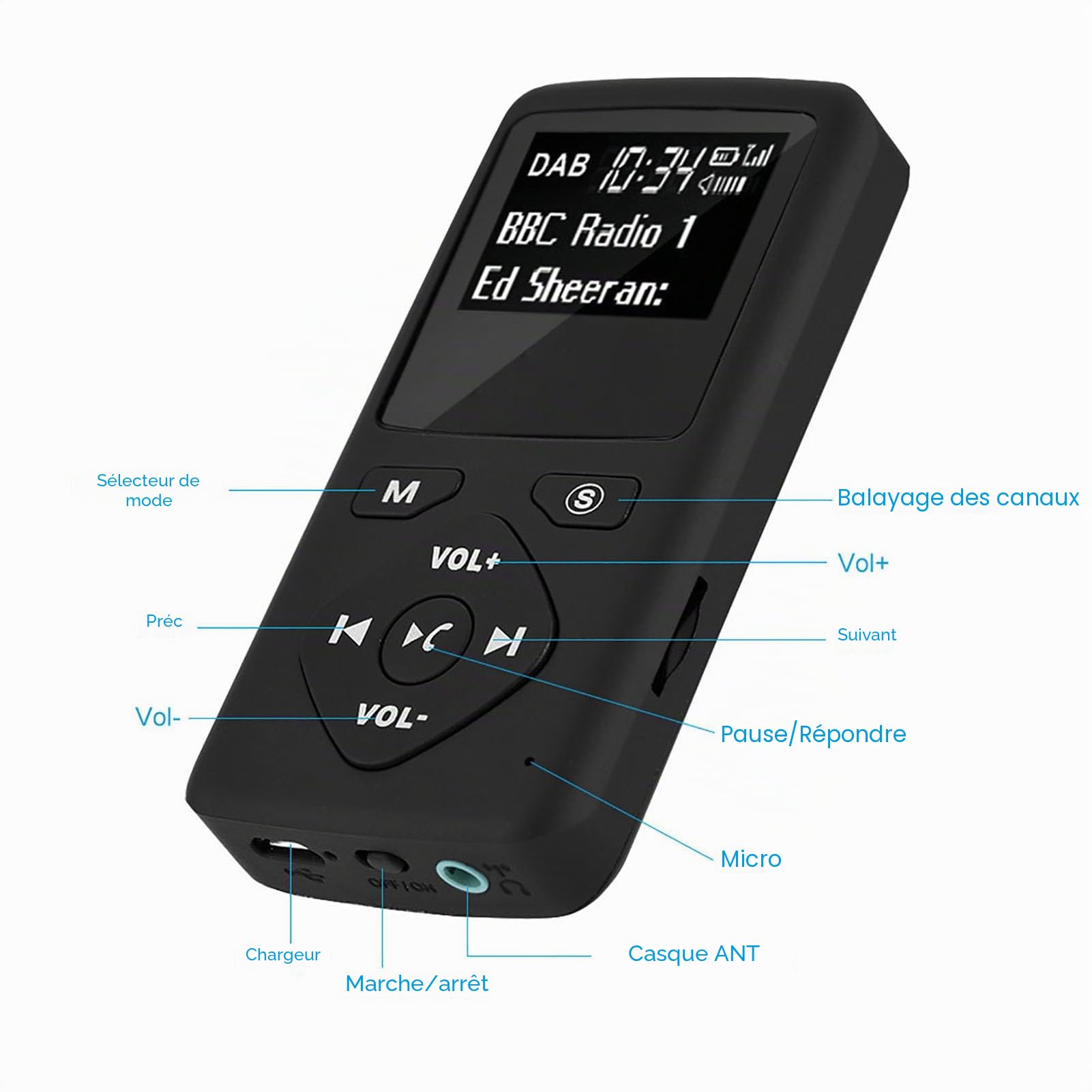 Estink Récepteur Radio Numérique DAB/DAB+ Portable avec Bluetooth, Lecteur MP3, Écran LCD 1,8 Pouces, Carte TF jusqu'à 64 Go, Écouteurs Inclus