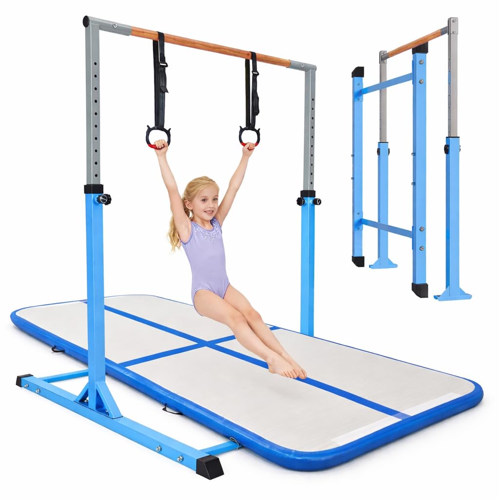 BREEZENEST Adjustable Gymnastics Bar for Kids, 13-Level Height Gym Bars (100-158cm) with Rings - Steel Frame & Beechwood Bar for Home Training, Indoor Outdoor Use (Blue + Cushion&Without pump)