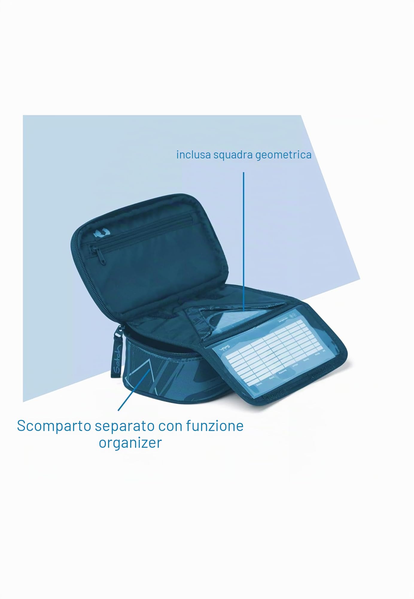 satch Astuccio Rigido | Extra large con divisorio, scomparto con cerniera, portapenne, vano per triangolo e finestra per l'orario