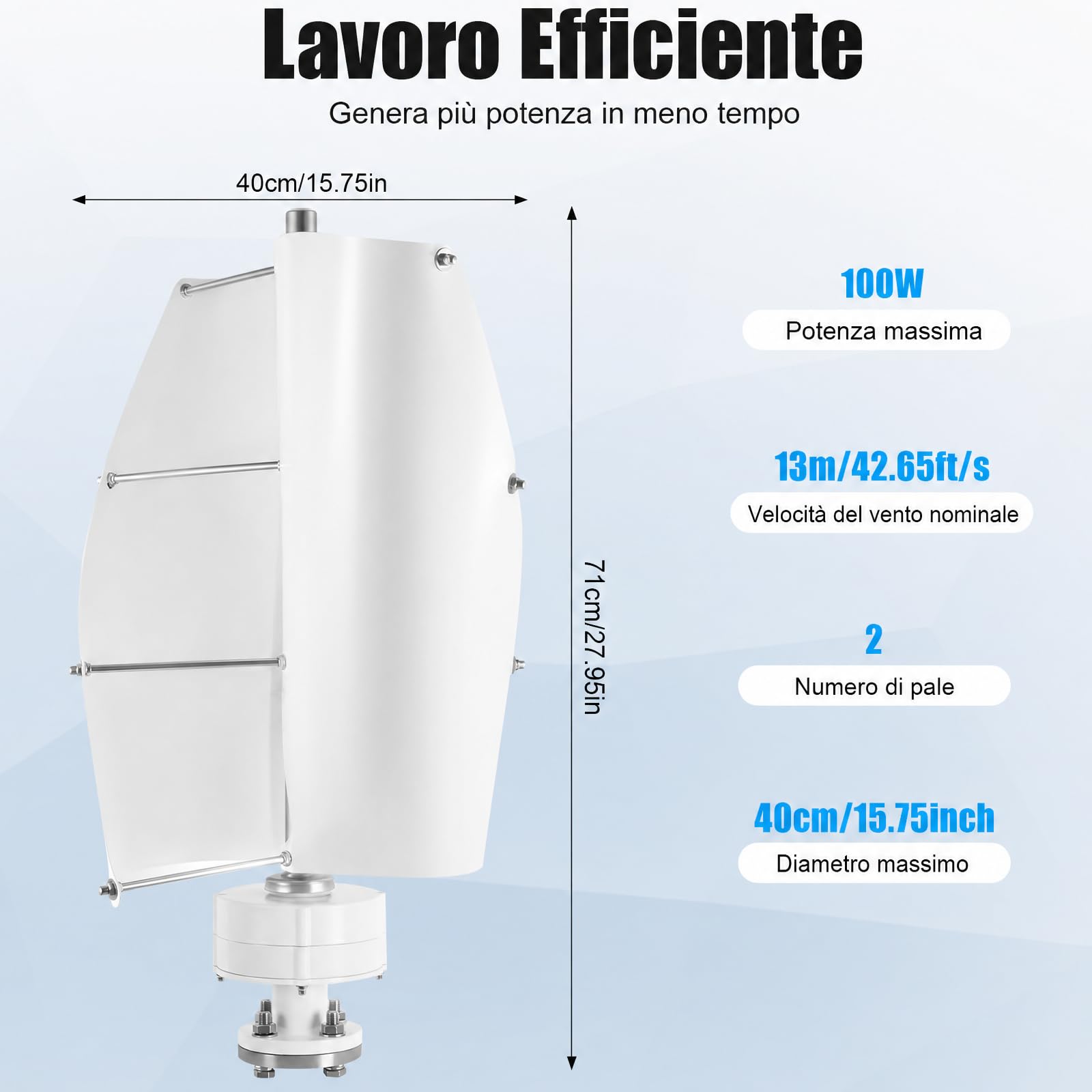 Generatore eolico verticale, 40 x 71 cm, generatore eolico, per casa, bianco, alluminio e ferro, pronto per il collegamento, per camper, barca, giardino