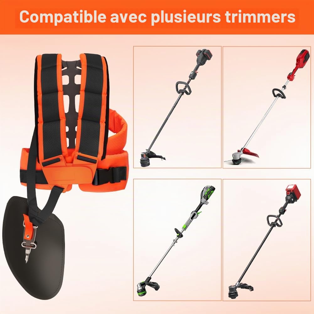 Harnais Debroussailleuse Double-Épaule Réglable, Universal Strimmer Harness Padded, Confortable Double Sangle d'épaule, pour Gardenning, Tondeuse et Débroussailleuse(Orange et Noir)