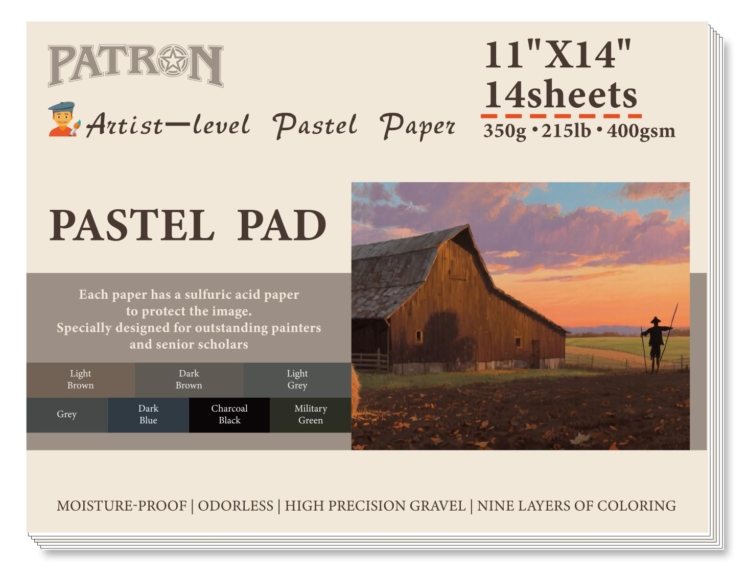 Photo 1 of (14 Sheets) PATRON Pastel Paper Pad for Artists, Assorted Colors, 11x14 inches, (215lb/400gsm) 14 Sheets, Art Drawing Paper for Adults and Students,Glue Bound