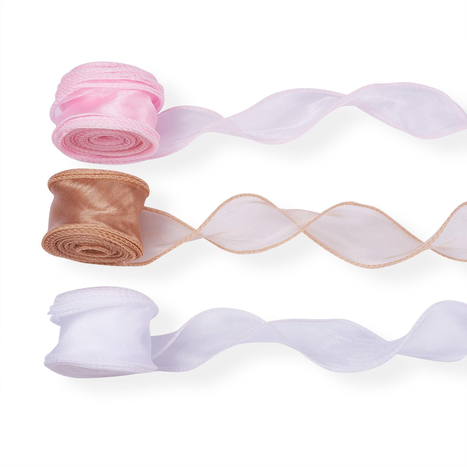 Boutigem 3 Roll Sheer Organza Chiffon Ribbon 40mm Wired Edge Shimmer Tulle Ribbon for DIY Hair Bows Making Flower Bouquet Wreaths Wrapping Wedding Decoration Pink Brown โ image 1