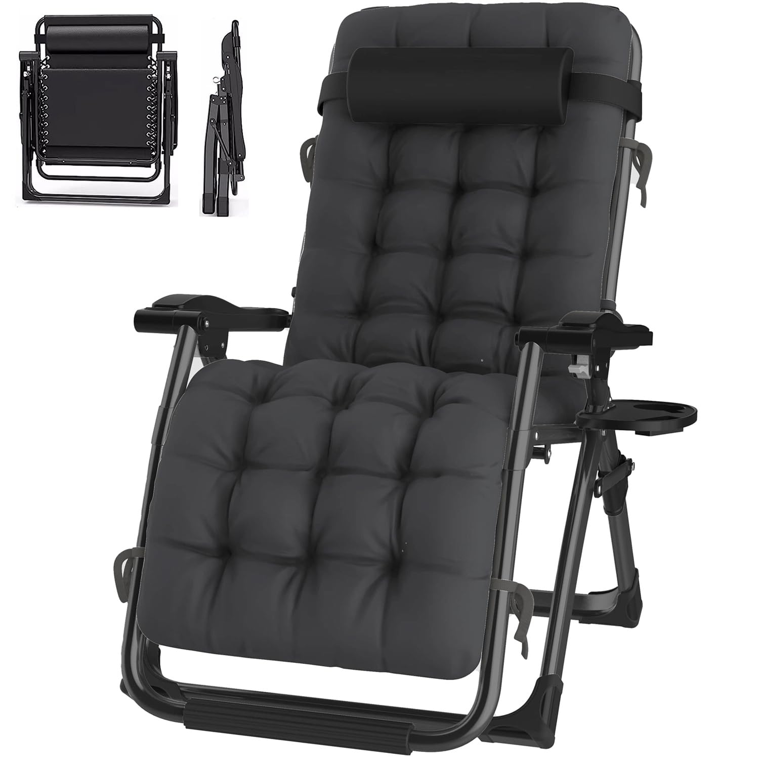 Sedia a Sdraio Pieghevole da Giardino, Nessuna Installazione, con Supporto per Bevande, Sdraio Relax con Cuscino, Traspirante, per Patio, Giardino, Sedie da Campeggio (Nero, 72cm)