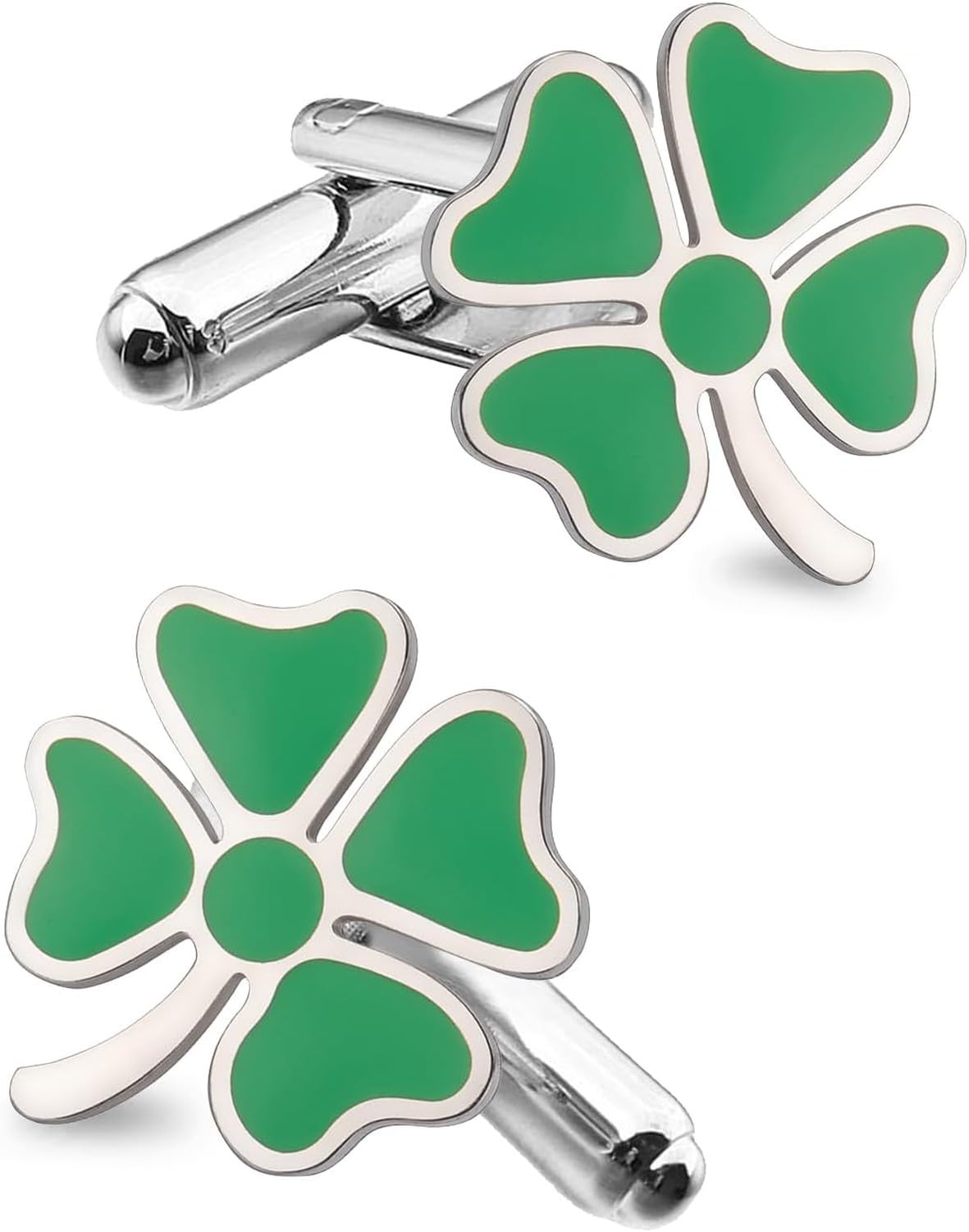 XIUNYIE Four Leaf Clover Cufflinks for Men Stainless Steel Green Shamrock Cuff Links Irish Luck Wedding Business Dress Shirts, Silver