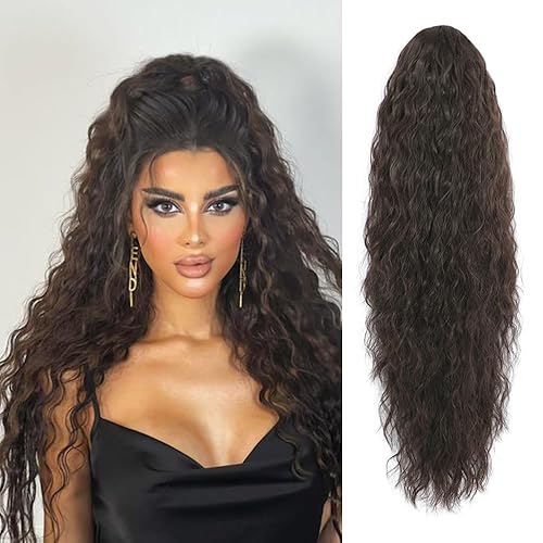 KETHBE Extensiones de cabello sintético sintético con cordón de 26 pulgadas, largo y rizado, ondulado, resistente al calor, para mujer (26 pulgadas,