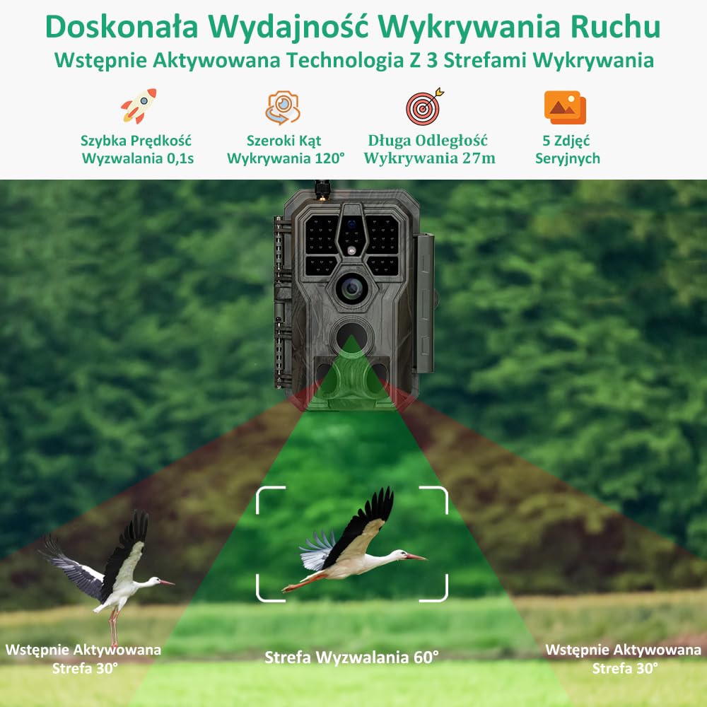 GardePro E8 Kamera Myśliwska WiFi z Aplikacją, 64MP H.264 1296P Wideo, Niewidzialne Podczerwone LED do 30m, 0.1s Szybki Wyzwalacz, Czujnik Ruchu, Kąt 120°, Wodoodporność IP66