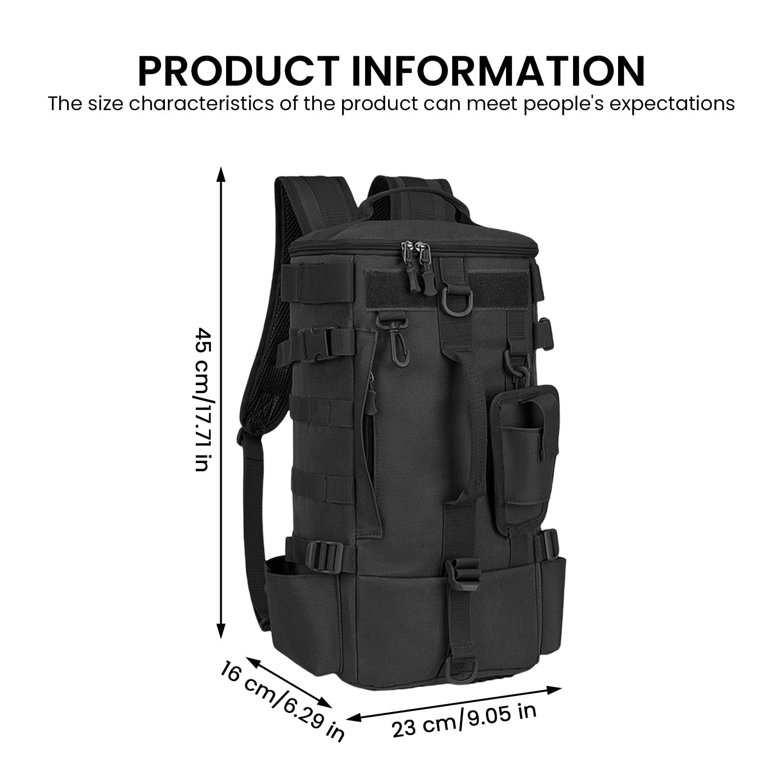 Mochilas de pesca con soporte para cañas: 45 x 16 x 23 cm, mochilas al aire libre impermeables, color negro, multifunción, mochila militar para camping