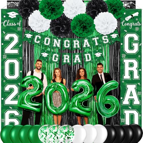 Image of Graduation Party Decorations Class of 2026, Graduation Decorations with Congrats Grad Banner Fringe Foil Curtain Paper Flower Ball Balloons for High School College Graduation Party Supplies, Green