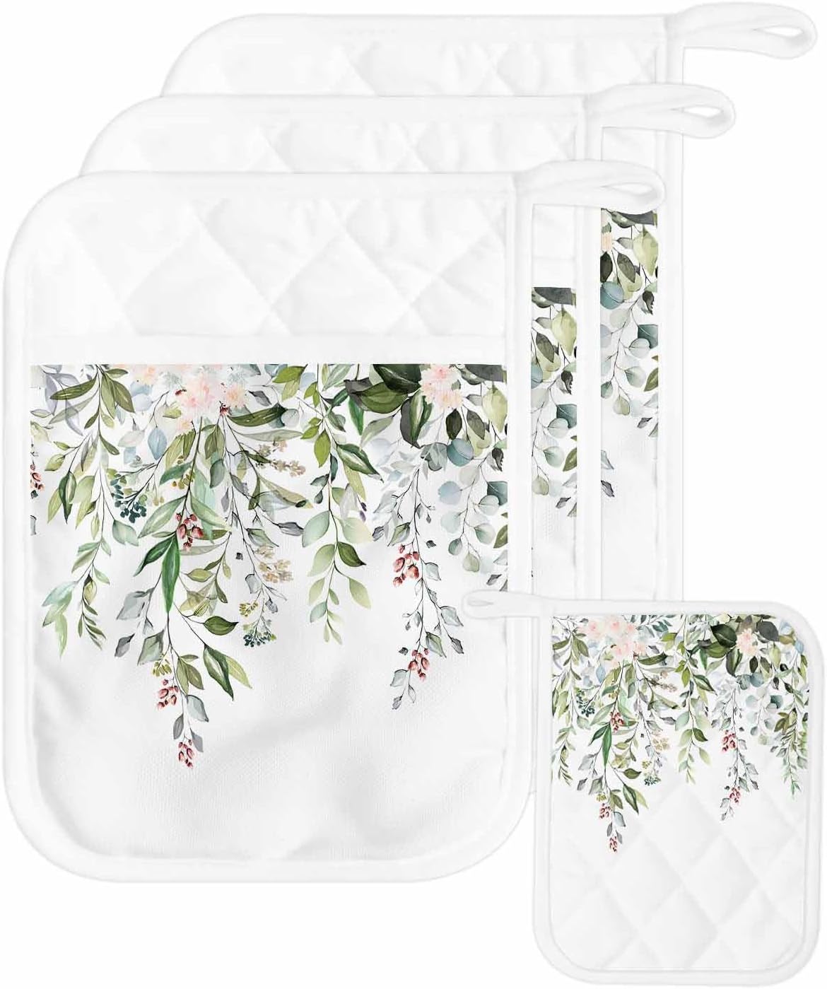 4PCS Pot Holders with Pocket for Kitchen, Sage Green Eucalyptus Pot Holder Set Heat Insulation Potholders, Aesthetics Floral Farm Foliage Oven Mitts Hot Pads for Baking Cooking Barbecue