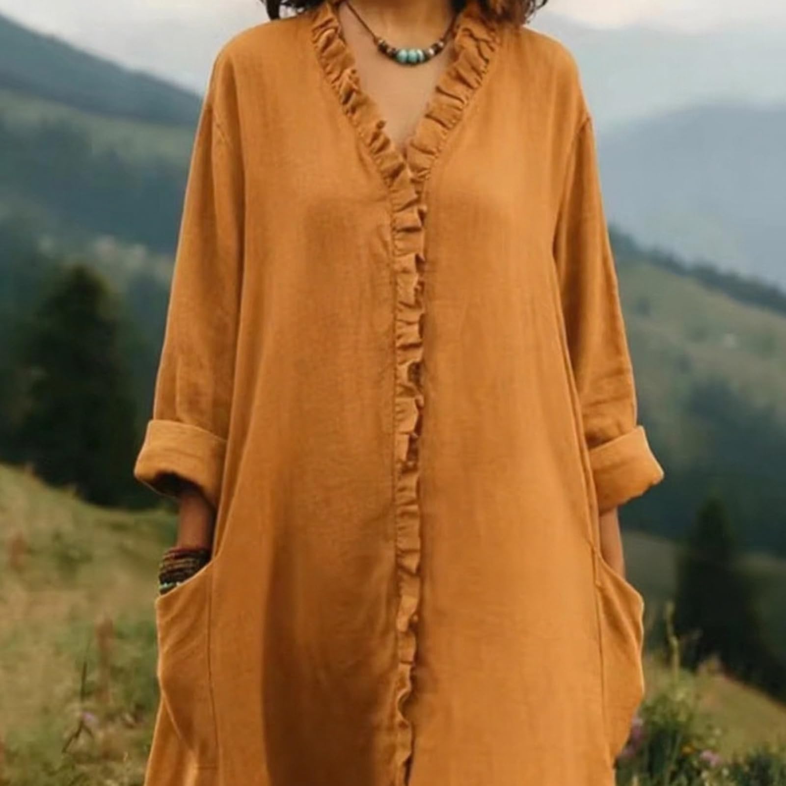 Maxi abito estivo da donna con volant e scollo a V, a maniche lunghe, stile boho, con tasche, casual, vestibilità ampia