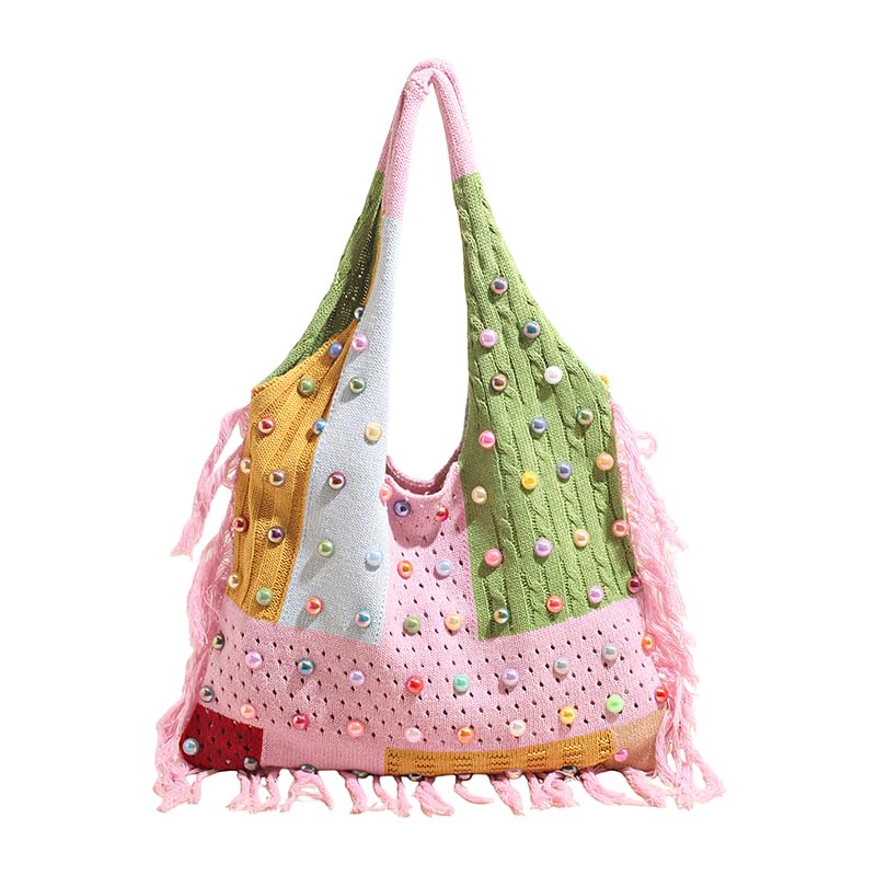 Bolso tote de crochet bohemio estilo playa con cuentas de colores miniatura 1