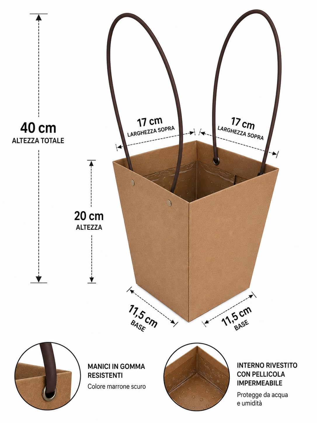 Floral Box 17 x 20 x 11,5 cm - 20 pezzi - Borsa Vaso Bouquet in Cartoncino Impermeabile - Confezione Fiori per Fioristi - MC Grafiche