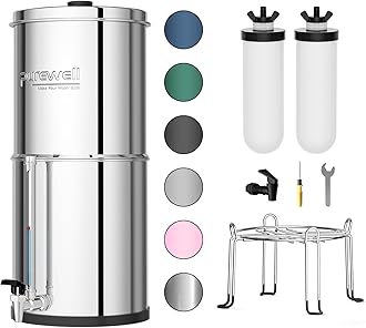 3-Stage Gravity Fed Water Filter System, 2.25 Gallon Stainless Steel Countertop System with 2 Washable Ceramic Filters, Metal Water Level Spigot and Stand, Reduce up to 99% Chlorine, PW-OBT-K