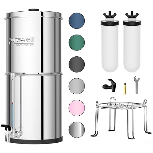 Miniatura 14 de Purewell Sistema de filtro de agua alimentado por gravedad de 3 etapas, sistema de encimera de acero inoxidable de 2.25 galones con 2 filtros de