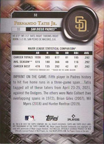 Miniatura 2 de 2022 Topps Gold Label Class 1#32 Fernando Tatis Jr. San Diego Padres Baseball Card - GotBaseballCards