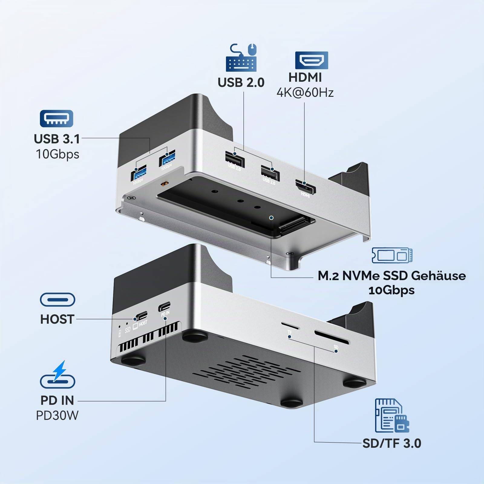 ANYOYO Mac mini M4 Dock & Ständer, 9-in-1 Aluminium 10 Gbit/s M.2 NVMe SSD-Gehäuse mit 4K@60Hz HDMI,10Gbps USB 3.1 Hub, SD/TF 3.0 Kartenleser, USB 2.0 Docking Station