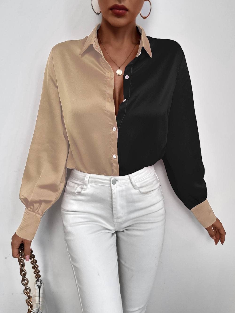 Damen-Hemd Mit Knopfleiste,Damen Satinbluse Hemd Naht Langarm Vintage Mode Seidenhemden Business Hemd Mit Knopf Sexy Party Tops Lässige Arbeit Bürobluse Für Mädchen Damen