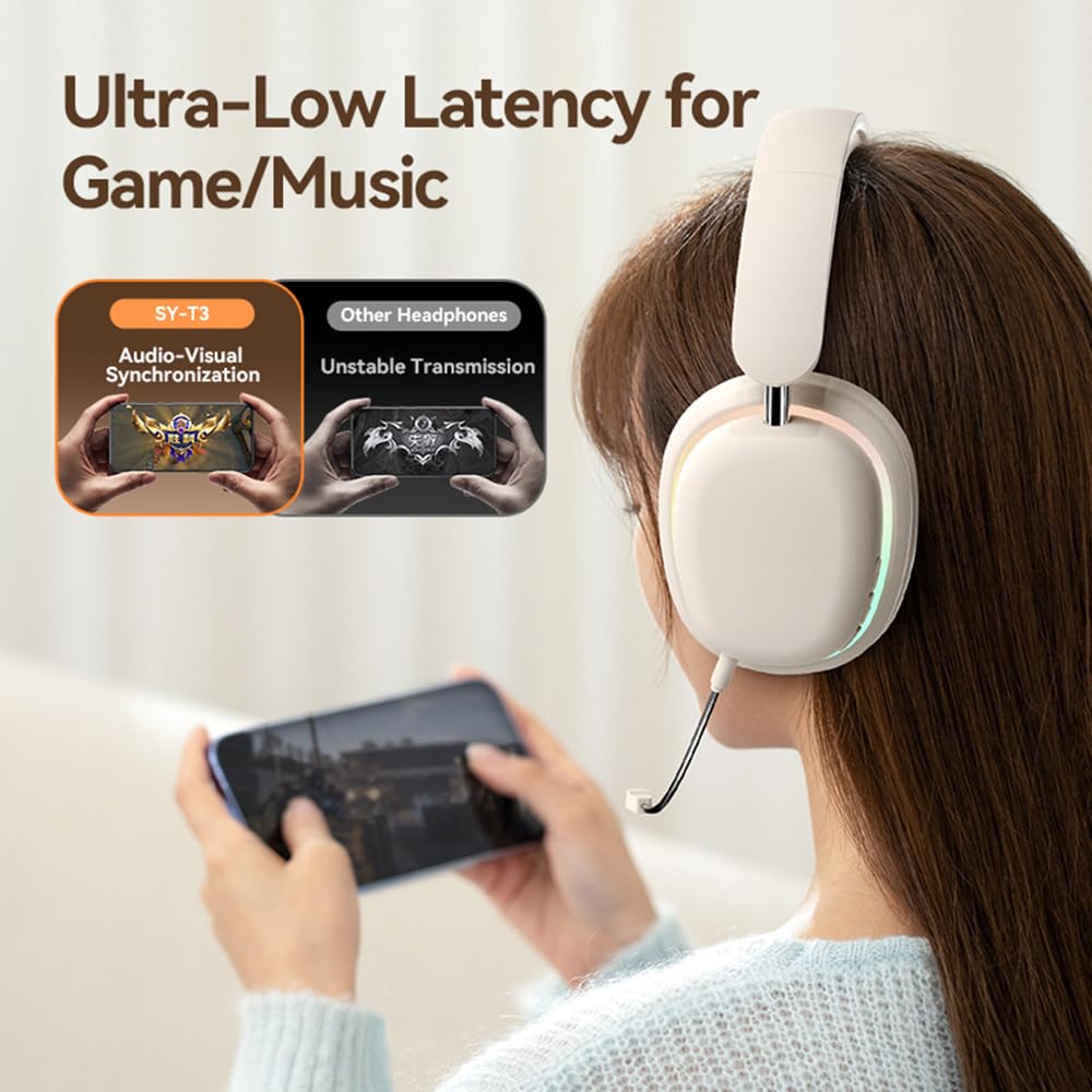 IHAO Auriculares Bluetooth RGB plegables con cancelación activa de ruido, micrófono desmontable, larga duración de reproducción, conexión de dispositivo doble, entrada AUX, almohadillas suaves para PC