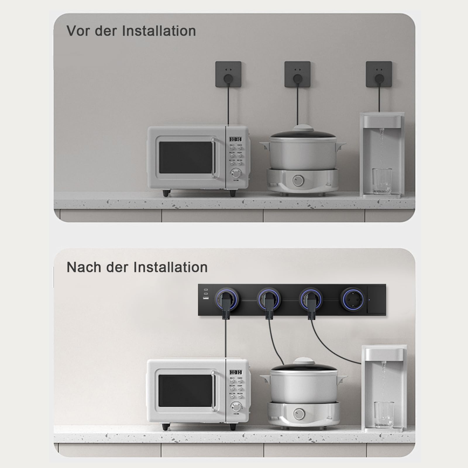 CNBINGO Stromschienen Steckdose mit USB,Aufputz Steckdosenleiste Schwarz | 60cm Stromschiene mit Schalter,Mehrfachsteckdose mit 4 Steckdosen Adaptern,Steckdosenschiene für Büro, Werkstatt