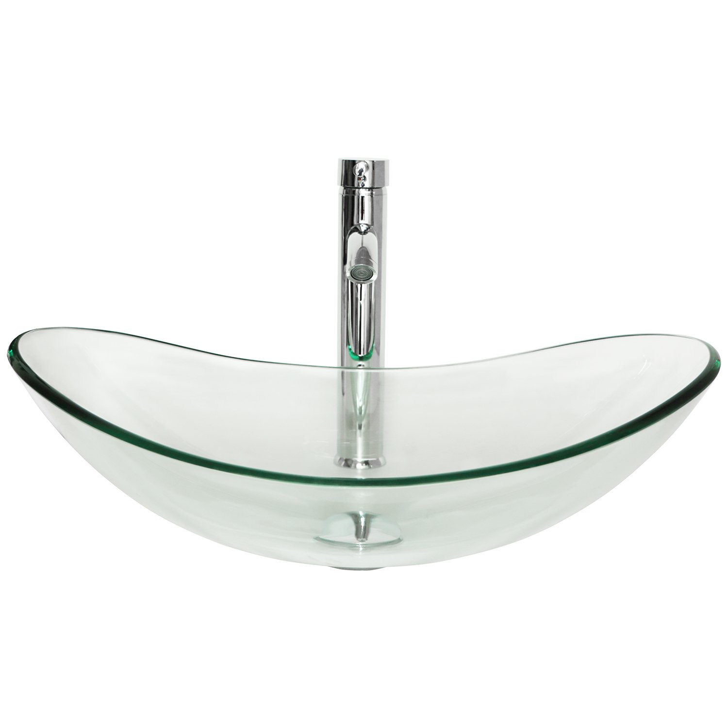 BATHJOYBathroom Boat Tempered Clear Glass Vessel Sink Oval Bowl with Chrome Faucet & Pop-up Drain