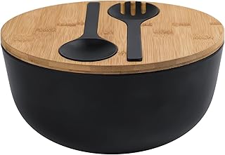 Bamboo Fiber Salad Bowl with Servers Set Large 9.8inches Nature Bamboo Mixing Bowl with Servers with Lid Spoon and Fork for Fruits ,Salads and Vegetables (Black, 10inch)