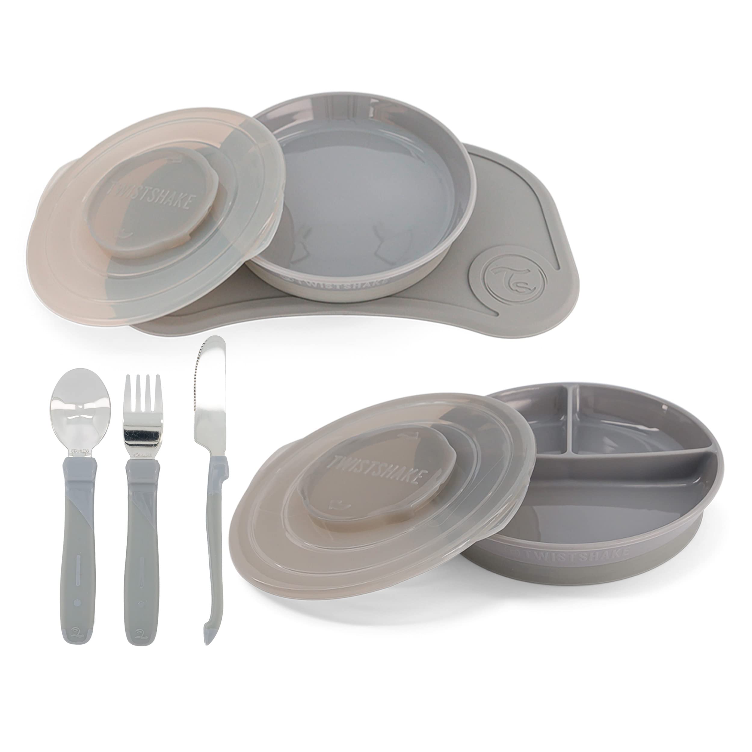 Twistshake Mealtime Tableware Kit de Vajilla, 6 st - 1x Mantel Individual Placa, 1x Plato, 1x Plato Dividido, 3x Cubiertos de Acero Inoxidable, 6+ Meses, Unisexo