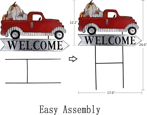 Miniatura 6 de Cartel de bienvenida de metal rojo para camioneta con carga de árbol de Navidad de calabaza, decoración de jardín intercambiable para otoño,