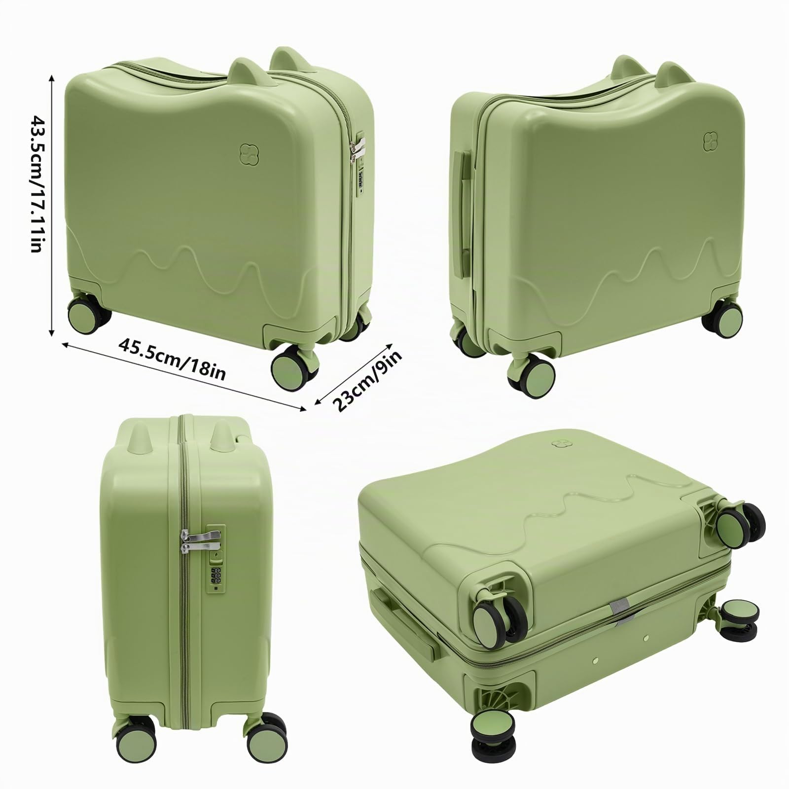 18 Zoll Kinderkoffer zum Draufsitzen, 37L Kindergepäck Trolley zum Reisen,Hartschale Reisegepäck 45.5 * 23 * 43.5cm,mit Passwortsperre und Höhenverstellbare Deichsel (Olivengrün)