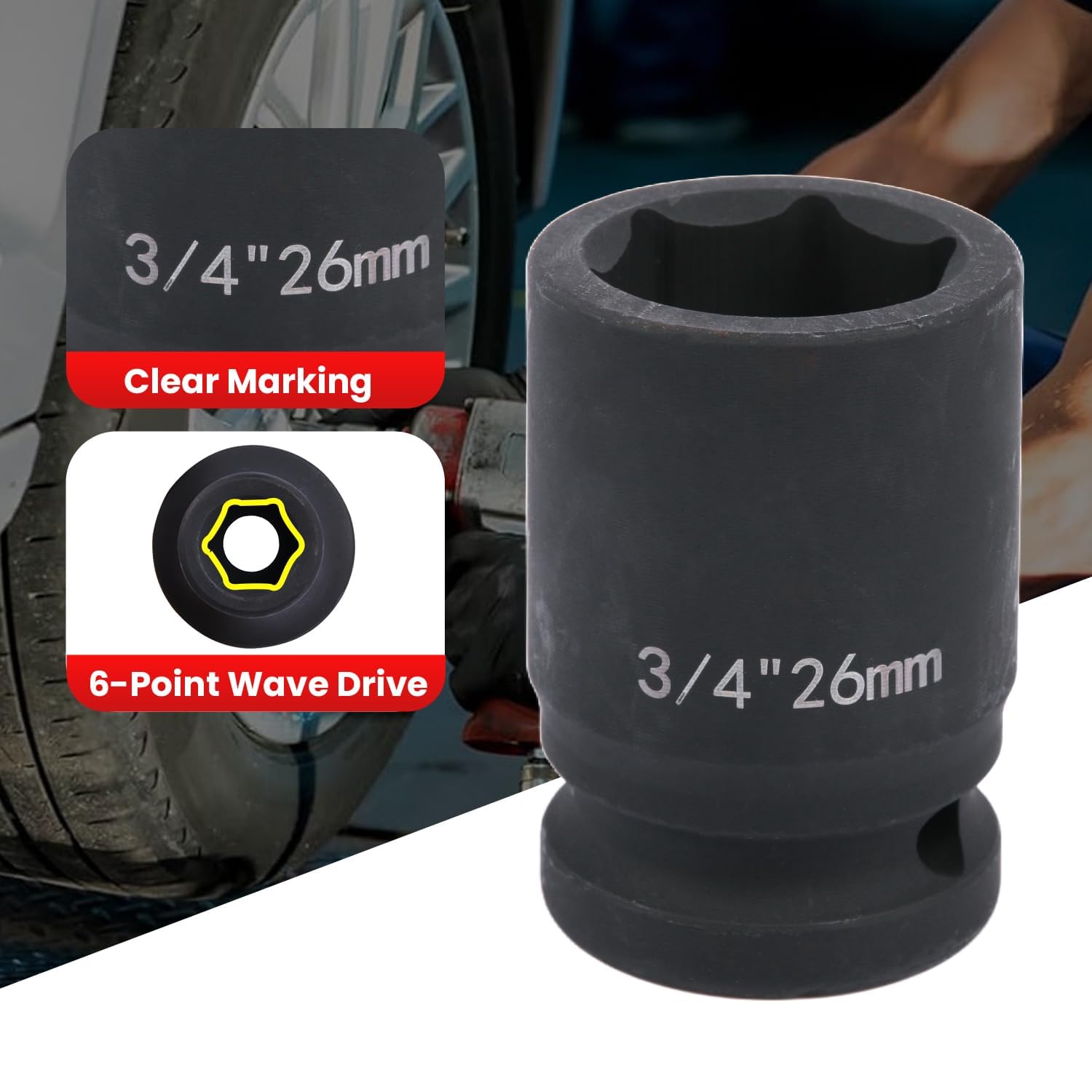 Deep 6-Point Impact Socket 3/4" Drive 26mm,Chrome Molybdenum Steel, Anti-Rust Metric Hex Socket for Car Repairs and Impact Wrench - Image 3
