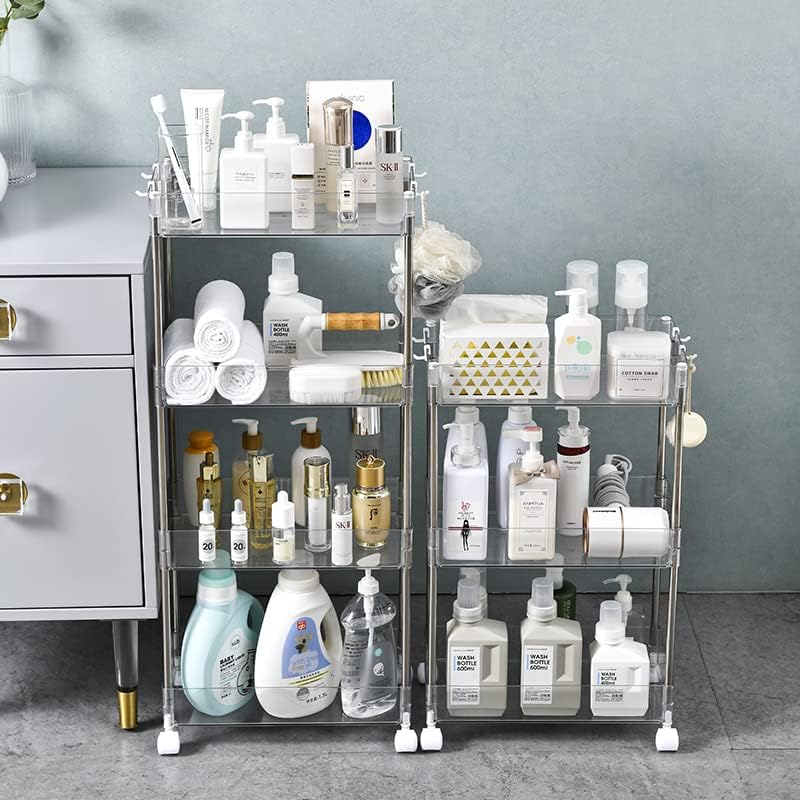 Chris.W Slim Storage Cart 4 Tier with Wheels, Clear Bathroom Cart Organizer, Mobile Shelving Unit Rolling Utility Cart, Slide Out Organizer for Kitchen, Bathroom, Laundry, Narrow Places, Office- 5.2"W
