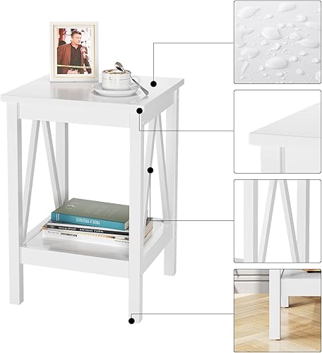 Miniatura 6 de IDEALHOUSE Mesa auxiliar blanca, mesa auxiliar pequeña para sala de estar, dormitorio, mesita de noche de madera con estante de almacenamiento de 2
