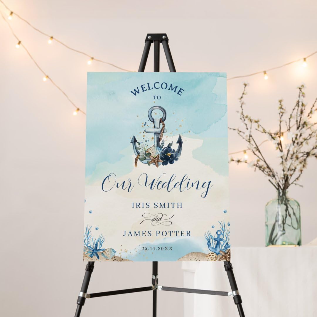 Personalized Beach Wedding Welcome Sign, Nautical Anchor Wedding Party Sign, Editable Ocean Beach Summer Welcome Poster, Seashell Coastal Party Decoration, Printable Welcome Sign Board