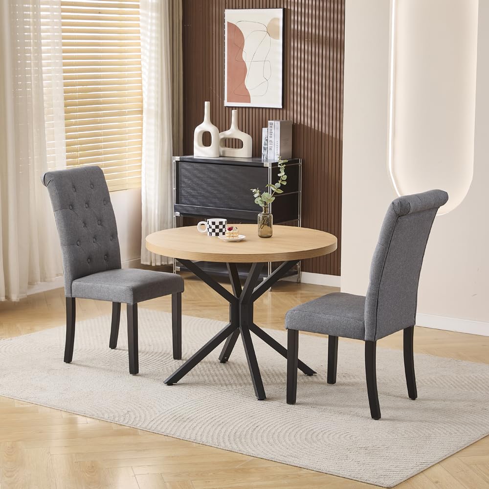 Menaka Round Dining Table and Chairs Set of 4 for Kitchen Diner, 5 Pieces Oak Wood Table with 4 Chairs for Compact Dinette Restaurant (2 grey fabric chairs, 95cm Oak Table#2) โ image 1