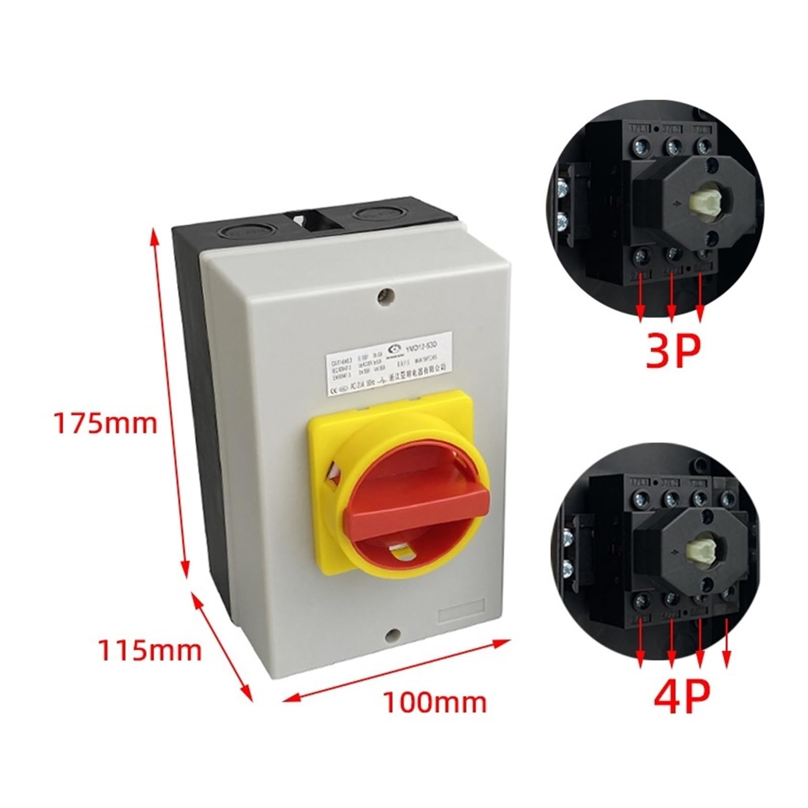 Sezionatore Elettrico rotativo 25A-63A Sezionatore 3P/4P Interruttori DIN Contatto Argento Selettore camma ON/off(175x115x100 Box,3 POLES-32A)