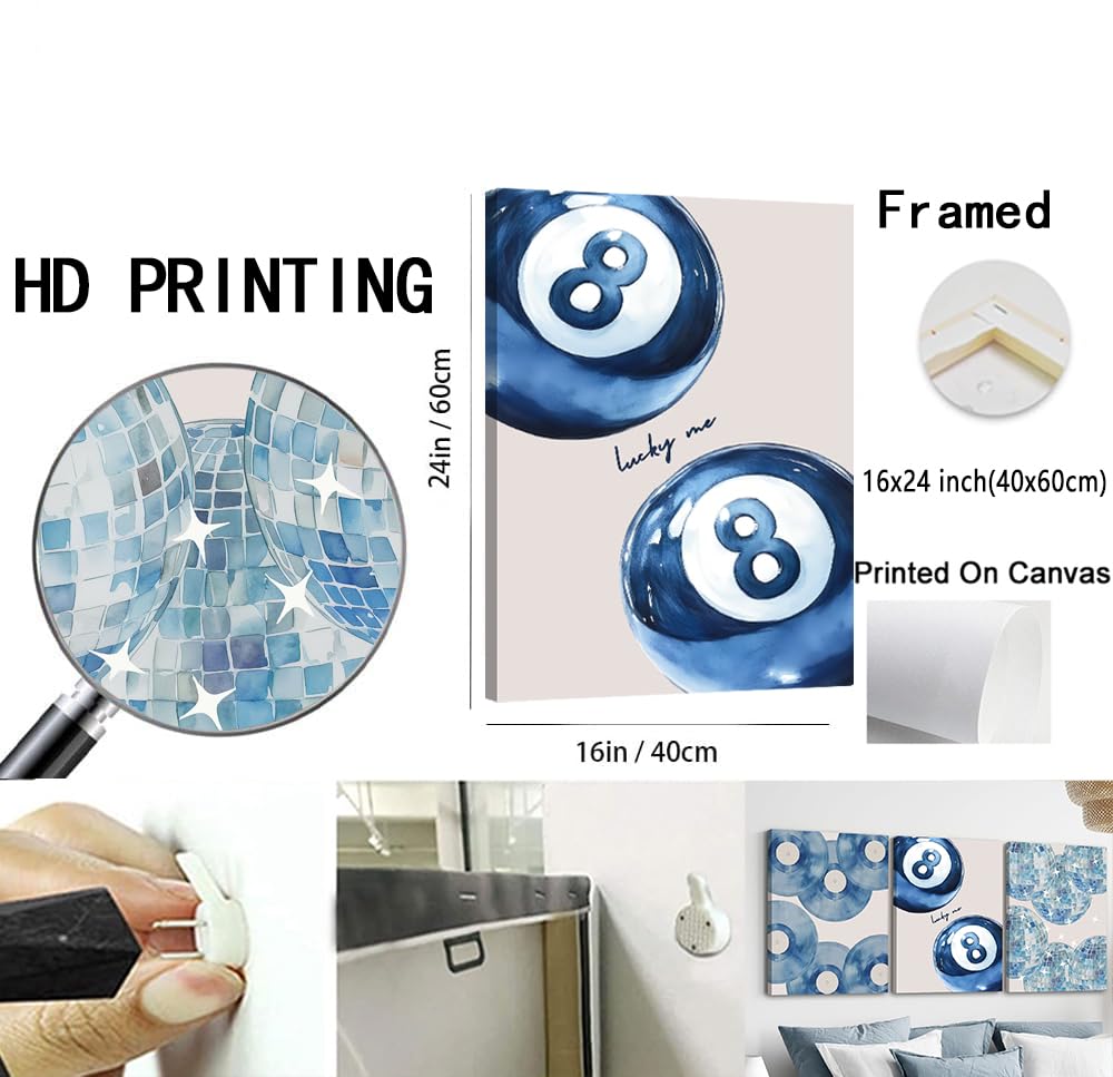 Set di 3 stampe artistiche da parete blu alla moda, motivo coquette, decorazione per la stanza, decorazione estetica per la stanza, blu navy, discoteca, 8 palline, stampa su tela per camera da letto