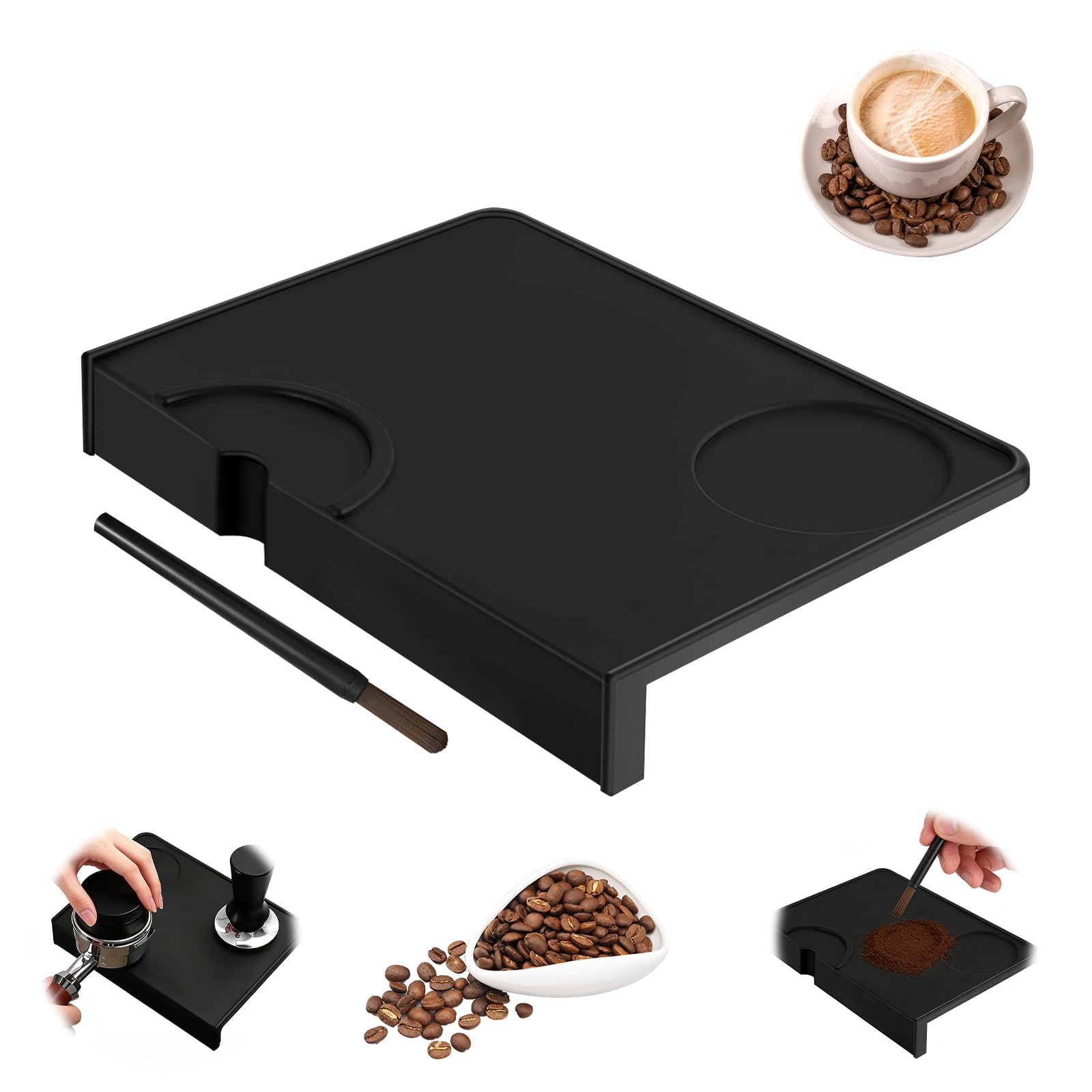 KATIMI Tappetino in silicone per caffè espresso con spazzola, antiscivolo con protezione dei bordi, tappetino in silicone, impermeabile e resistente al calore, accessorio per portafiltro e macchina da