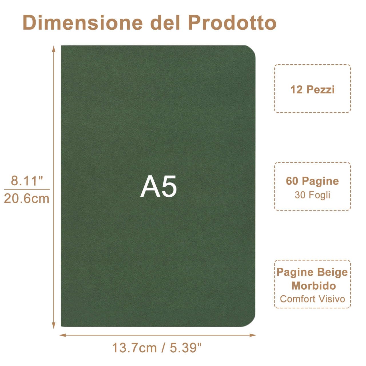 Quaderni A5 a Righe Copertina Kraft Verde Foresta 12 Pezzi 30 Fogli Taccuini